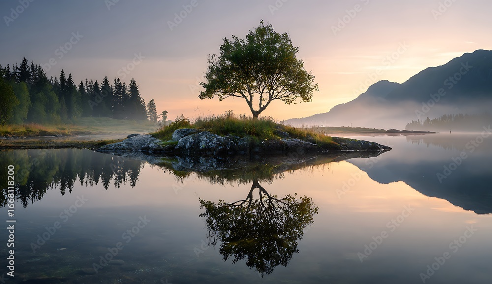 Fototapeta premium Lone tree on island reflected in calm lake at sunrise