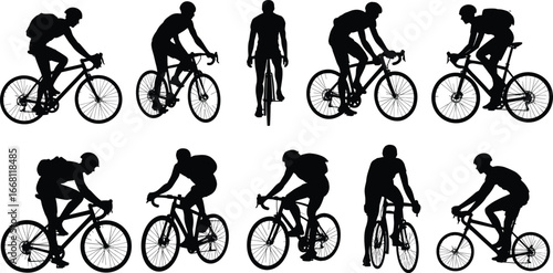 Silhouettes of cyclists riding road bikes, exercise and fitness, cycling sport, outdoor activity, healthy lifestyle, training, urban commute, transportation concept.
