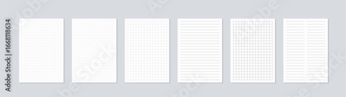 Set paper list with bullet journal, grid, line, isometric polka dot and cross template.