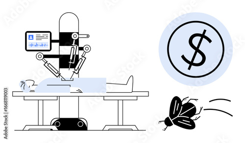 Medical robot operating on patient with monitoring screen, dollar symbol for cost, and error icon for failure. Ideal for healthcare, technology, medical cost, robotics, innovation, risk error