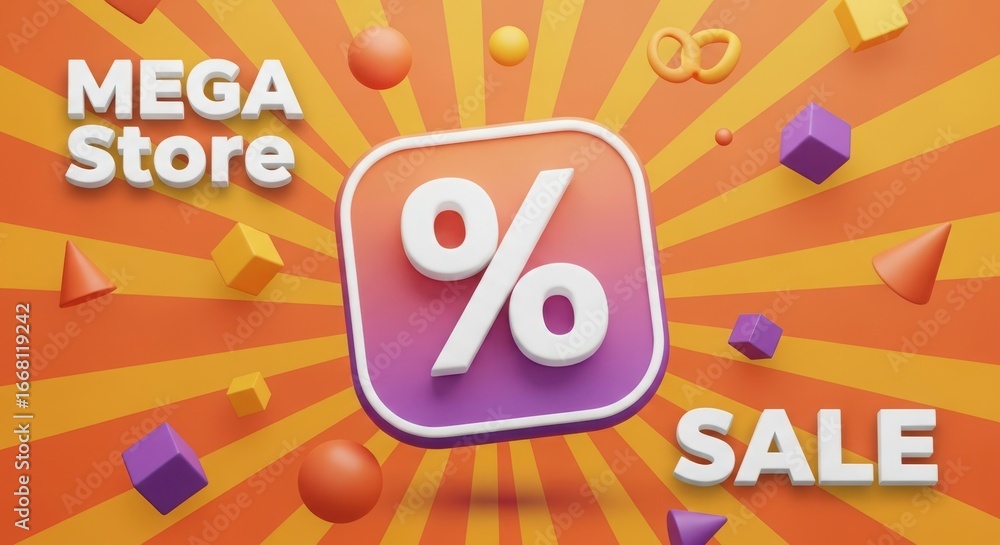 Fototapeta premium 3d illustration of mega store sale with percentage symbol and geometric shapes on a striped orange background