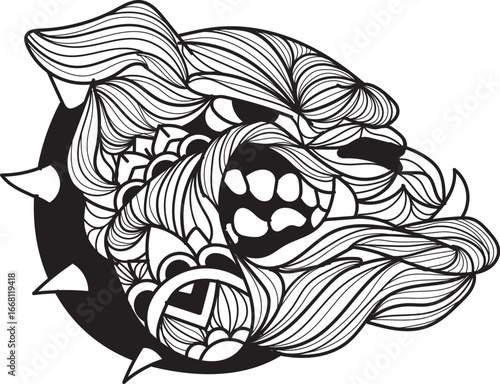 Stylized black and white bulldog head illustration with intricate zentangle patterns and an aggressive expression, wearing a spiked collar.