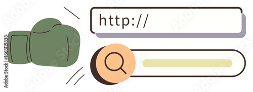 Green boxing glove striking a URL address bar alongside a search magnifying glass. Ideal for competition, internet challenge, digital conflict, domain protection, SEO, cybersecurity, simple flat