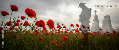 Lest We Forget banner with soldier and Memorial. Double exposure over a poppy field. Remembrance Day, Poppy Day, Veterans Day, Memorial Day