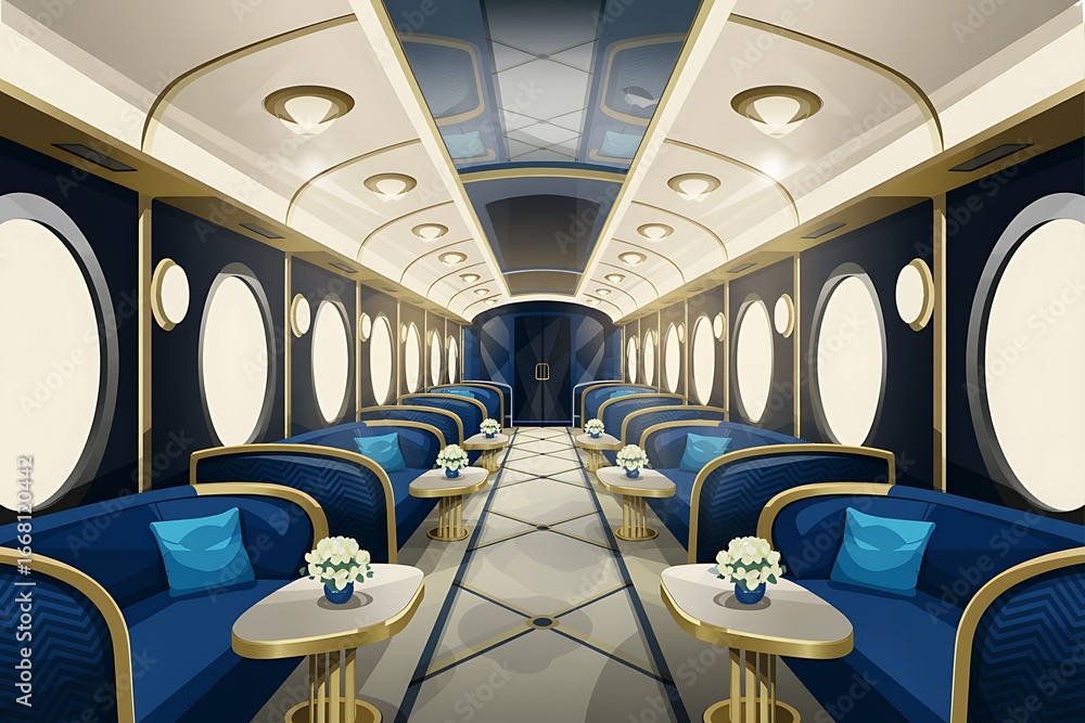 Fototapeta premium Luxurious vintage train carriage interior with plush seating