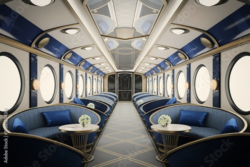 Luxurious vintage train carriage interior with blue seating