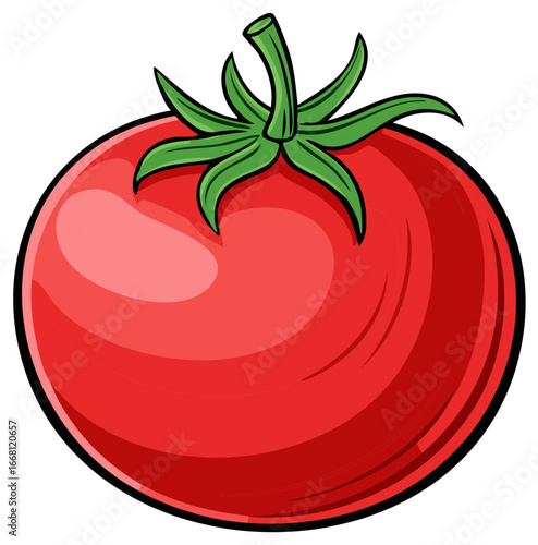 Illustration of a ripe red tomato with green stem and sepals, depicted in a bold cartoon style with thick outlines.
