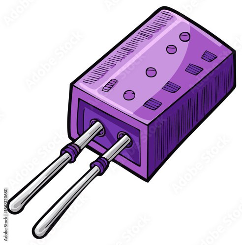 Cartoon purple capacitor illustration, electrical component with two metal leads, electronic part, vector, isolated on white background.