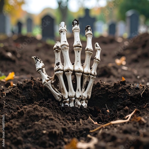 Skeletal hand emerging from grave, cemetery