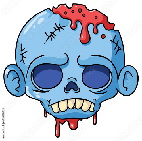 Cartoon zombie character with blood dripping, undead halloween monster vector illustration