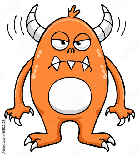 Cartoon monster character with horns, claws, and a displeased expression
