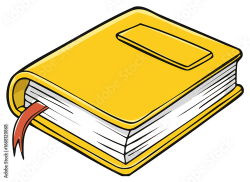 Closed yellow hardcover book or journal with a red ribbon bookmark in a fun cartoon style illustration
