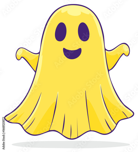 Friendly cartoon ghost. Spooky spectre with cute smile, vector Halloween character illustration.