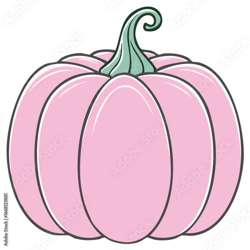 Illustration of a plump pink pumpkin with a green curly stem and black outline