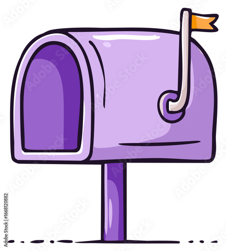 Vibrant Purple Mailbox with Raised Flag Cartoon Style Communication Concept