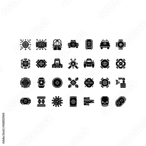 Set of 30 abstract cyberpunk tech icons for digital design and futuristic concepts