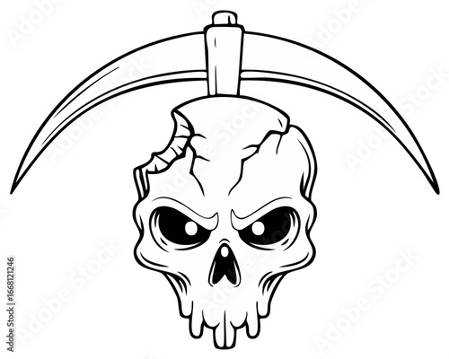 Stylized skull with a menacing expression combined with a scythe symbol representing death and danger