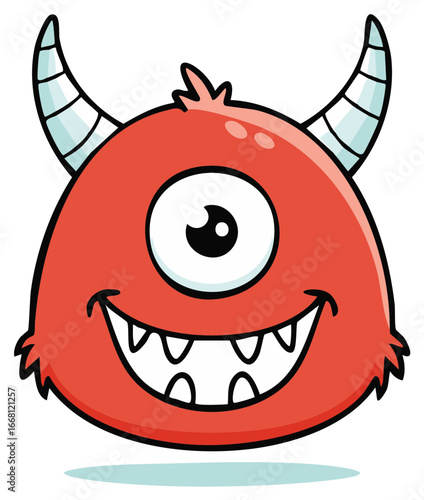 Friendly cartoon monster with one eye and horns grinning widely