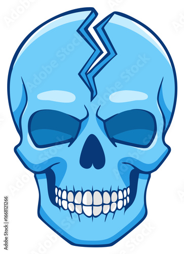 Stylized blue skull with a prominent crack running down its forehead
