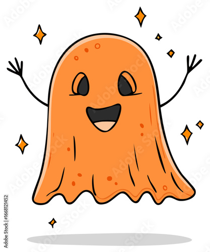 Happy orange ghost with raised arms and sparkling stars