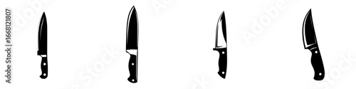 Various kitchen knives displayed in a simple layout on a neutral background showcasing their distinct shapes and sizes