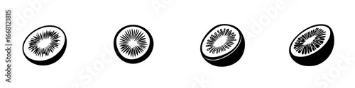 Kiwi fruit illustrated with different cut styles on a white background, showcasing textures and details found in the flesh