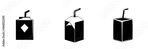 Creative black and white illustrations of juice cartons in various designs and conditions with straws included