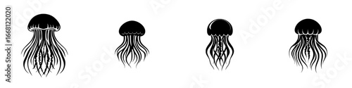 Unique jellyfish designs showcasing different shapes and tentacle patterns in a minimalist style on a light background