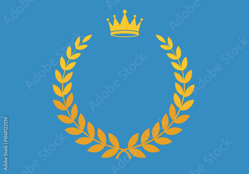 Golden laurel wreath crowned emblem featuring a symbol of victory and prestige on a vibrant blue background