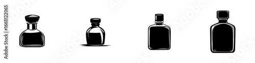 Various styles of glass bottles displayed on a neutral background, showcasing unique shapes and designs artfully arranged