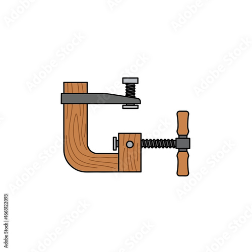 Wooden clamp tool with metal screw mechanism on white background.