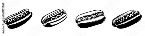 Four distinct hot dogs with varying toppings displayed on a white background in a minimalist style