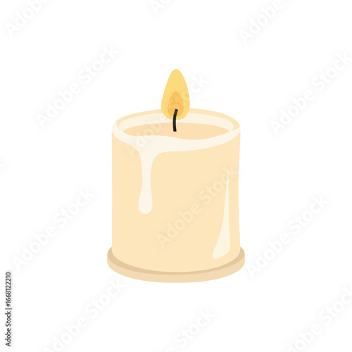 A lit white candle with dripping wax on a white background.