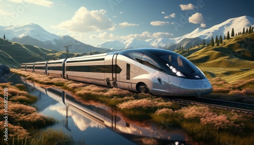 A high-speed train rushing through the countryside