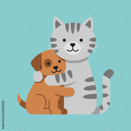 A cat hugs a dog against a blue background.