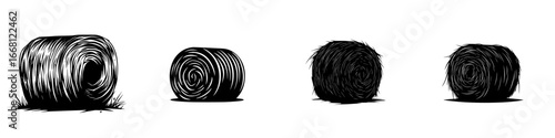 Various shapes and forms of hay bales shown in contrasting styles on a simple background