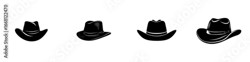 Various styles of cowboy hats displayed in a row in a minimalist illustration
