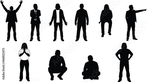 Silhouettes of people standing, sitting, squatting, pointing, praying, with various body language poses, expressing emotion, diversity, posture, movement, attitude, gesture.