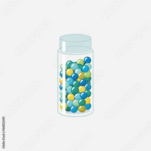 Clear bottle filled with colorful small spheres on a light background.