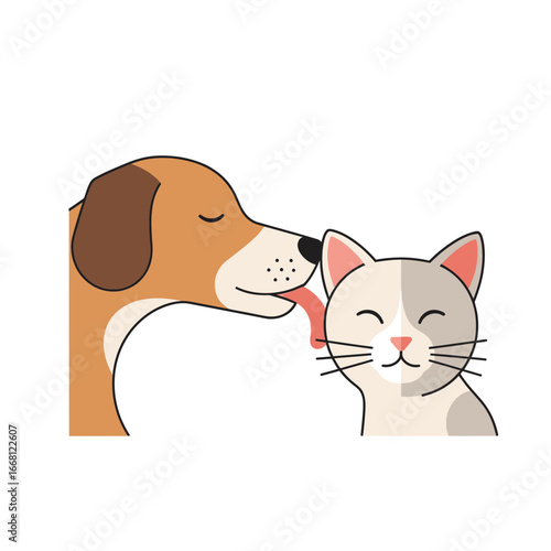 Dog licking cat's ear affectionately on white background.