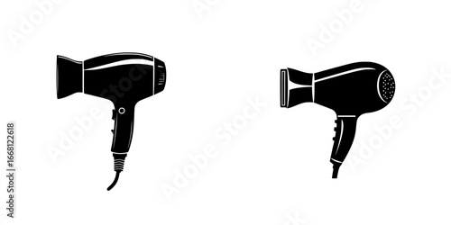 Two contrasting hair dryers on a white background showcasing different designs and shapes in a minimalistic style