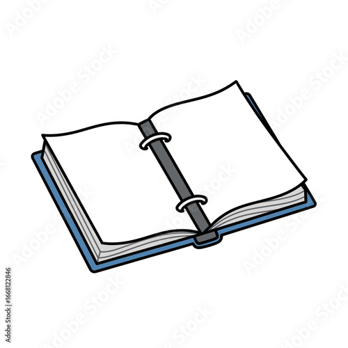 Open ring binder with blank white pages and blue cover.