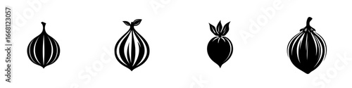 Onion silhouette designs showcasing various shapes and sizes for culinary inspiration and graphic use