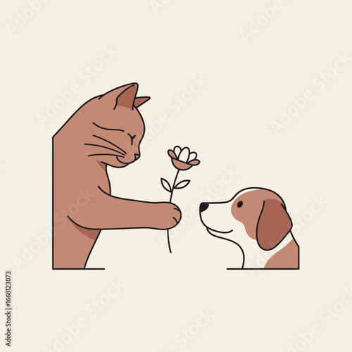 Cat offers flower to dog illustration.