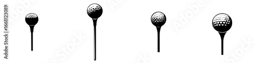 Various golf tees arranged in a row showing different designs and patterns for golfing setups on a green course