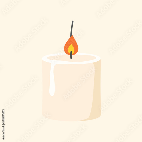 A lit white candle with a warm flame against a light background.