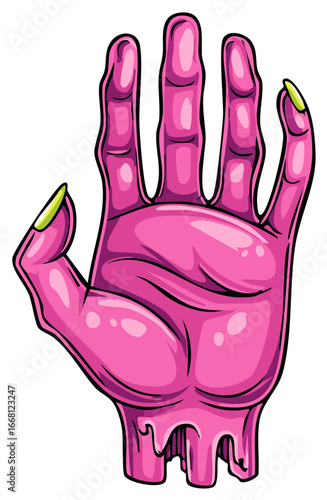 Vibrant pink monstrous cartoon hand with long pointed green fingernails and melting skin Halloween concept.