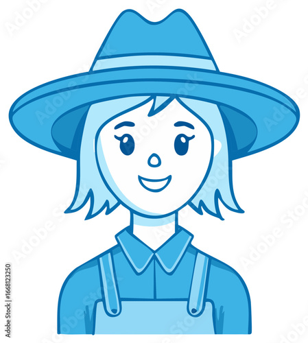 Cartoon woman farmer with blue hat and overalls smiling. Illustration of a female farm worker in vintage clothing and friendly expression.