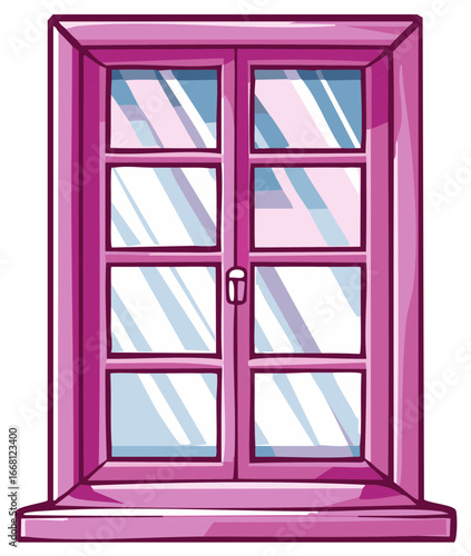 Bright magenta cartoon window with a detailed frame reflective glass panes and a solid window sill