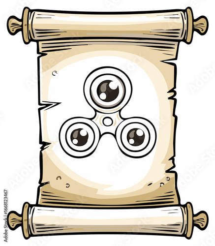 Ancient scroll with spinner doodle, vintage paper sheet with toy